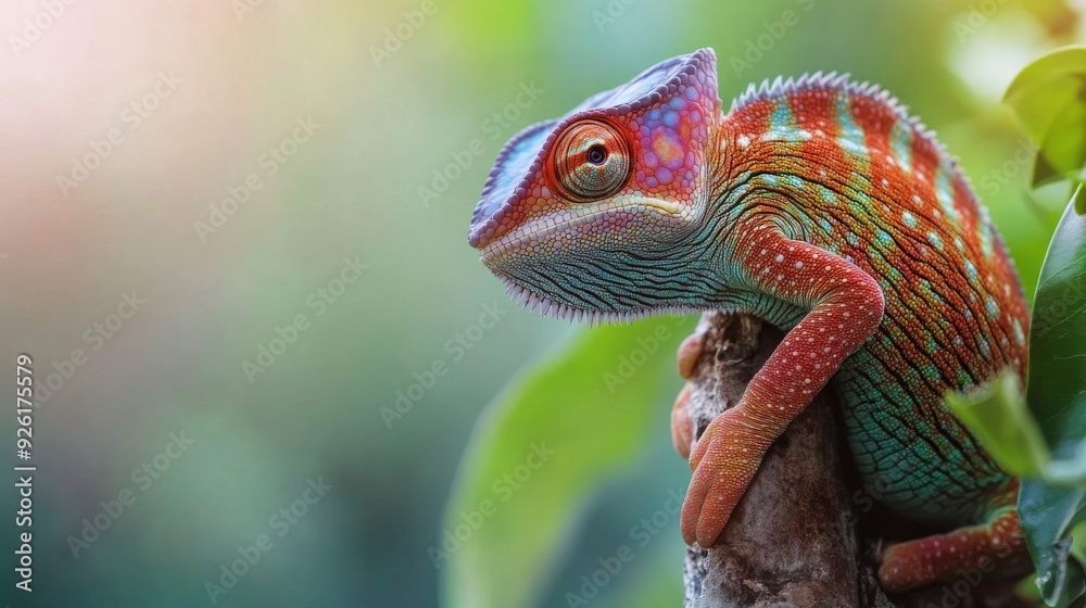 This image features a brightly patterned chameleon perched on a branch amidst lush natural foliage, focusing on the vivid details and colors of its unique adaptive skin.