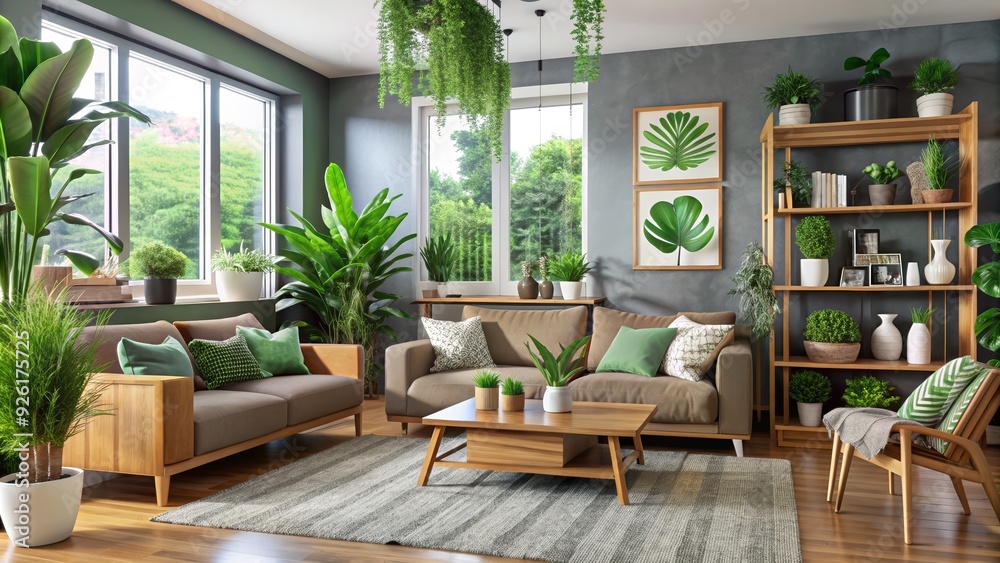 Modern Living Room Interior with Stylish Furniture and Large Windows Modern Living Room Interior with Stylish Furniture and Large Windows