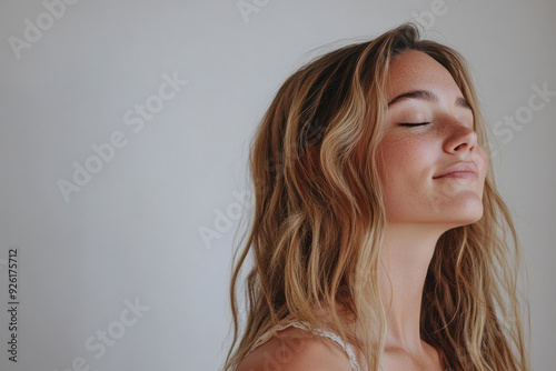 A close up of a woman's face with her eyes closed and long blond hair