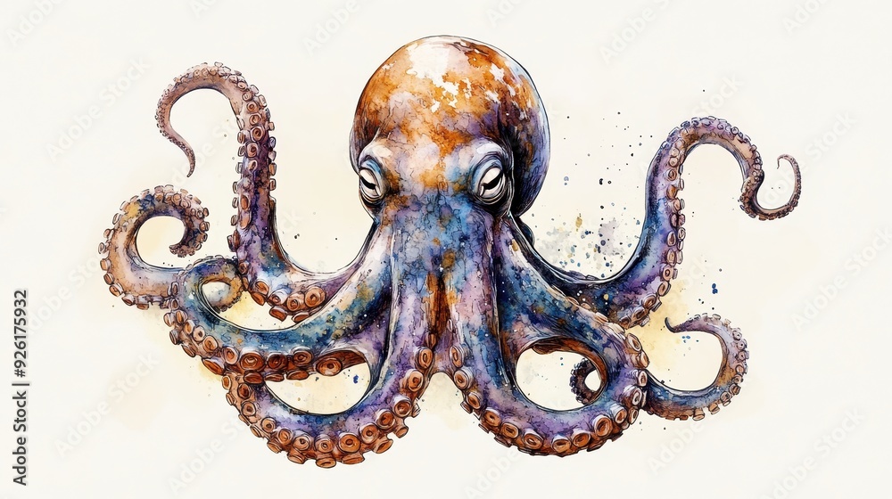 Watercolor Illustration of a Vibrant Octopus with Detailed Tentacles on a Light Background Watercolor Illustration of a Vibrant Octopus with Detailed Tentacles on a Light Background