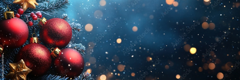 Red Christmas Ornaments on Snowy Pine Branch with Bokeh Background Red Christmas Ornaments on Snowy Pine Branch with Bokeh Background