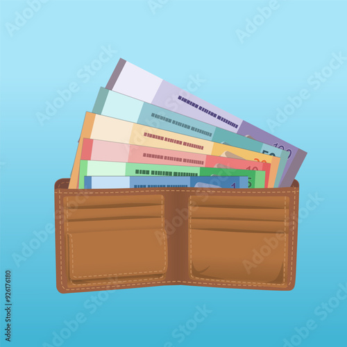 Brown leather wallet with full of cash paper money of difference denomination bill banknotes vector design illustration