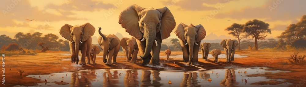 Fototapeta premium An illustration of a happy family of elephants walking through the savanna