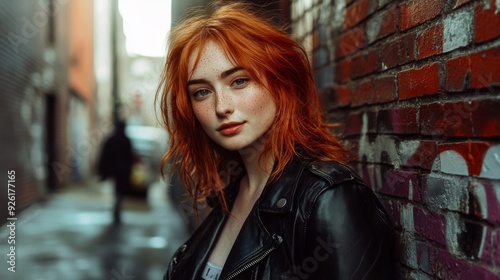 Redhead Woman in Leather Jacket by Brick Wall