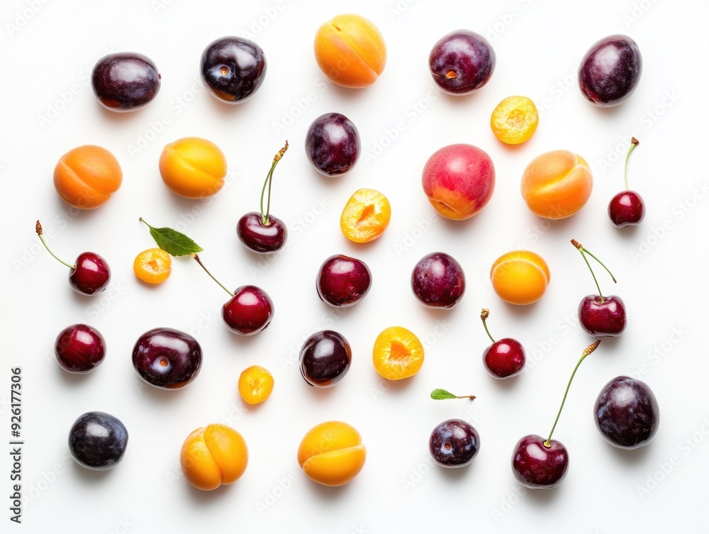 A vibrant arrangement of various fruits on a white background. A vibrant arrangement of various fruits on a white background.