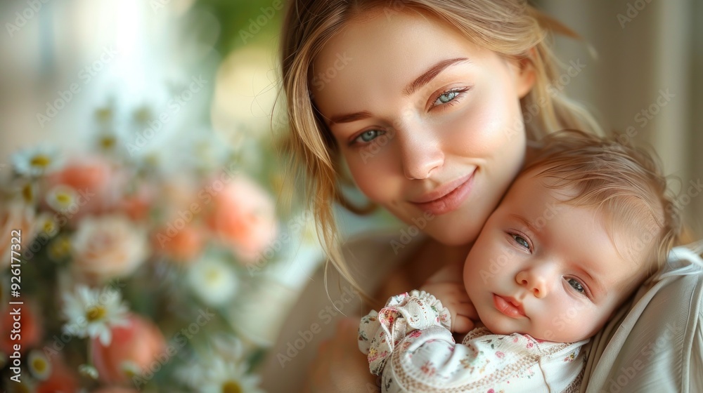 Young mother cradling newborn baby on her chest Young mother cradling newborn baby on her chest