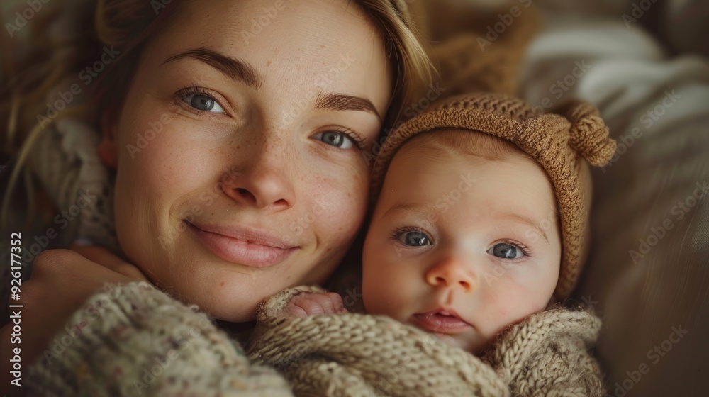 Young mother cuddling with newborn baby on the couch