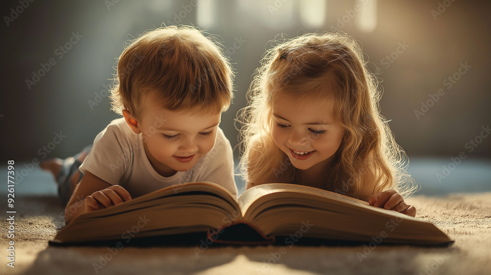 A heartwarming moment of two children reading a book together. A heartwarming moment of two children reading a book together.