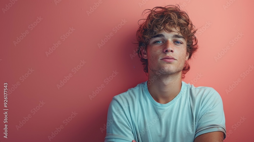 Fototapeta premium Young man with an embarrassed expression standing against a solid studio background