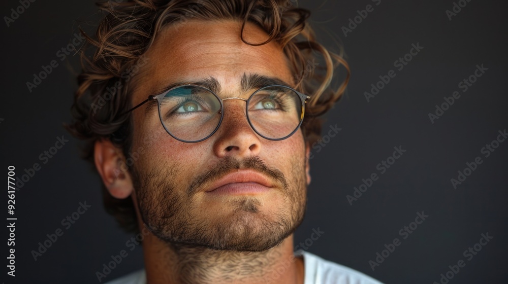 Obraz premium Young man with a thoughtful expression standing against a solid studio background