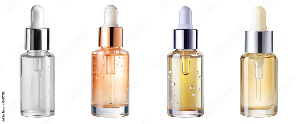 Four Cosmetic Serum Bottles with Droppers in Different Colors on Transparent Background Four Cosmetic Serum Bottles with Droppers in Different Colors on Transparent Background