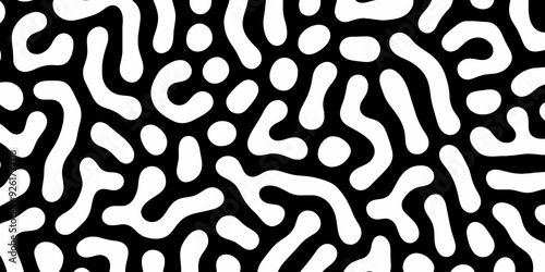 Abstract Turing organic wallpaper with background. Turing reaction diffusion monochrome seamless pattern with chaotic motion. Natural seamless line pattern. Linear design with biological shapes.