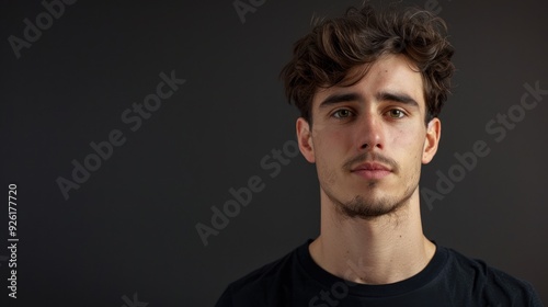 Young man with a peaceful expression standing against a solid studio background