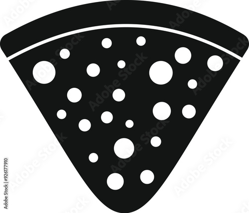 Simple black and white vector icon of a slice of pizza with melted cheese forming bubbles