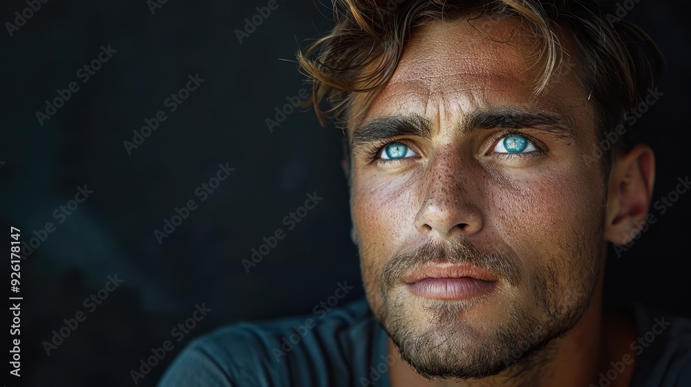 Young man with a thoughtful expression standing against a solid studio background
