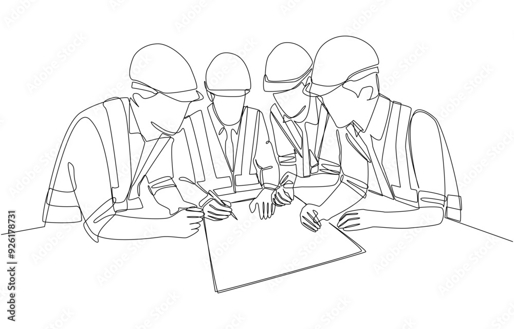 Continuous one line drawing of senior engineering manager pointing out details in blueprint to junior field engineers, construction planning meeting concept, single line art. Continuous one line drawing of senior engineering manager pointing out details in blueprint to junior field engineers, construction planning meeting concept, single line art.