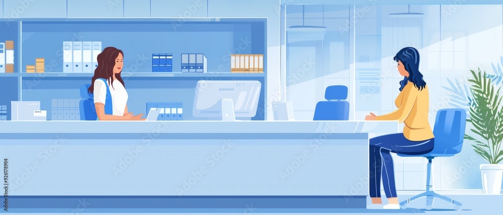 Obraz premium An image of a medical office with a receptionist working on a computer, while another woman in conversation. Bright colors, books, and healthcare items create a welcoming atmosphere.