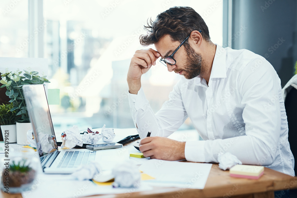 Business man, laptop and documents with mess, mistake and thinking for problem solving at insurance agency. Person, computer and stress at office, crisis and charts with error for stats at company