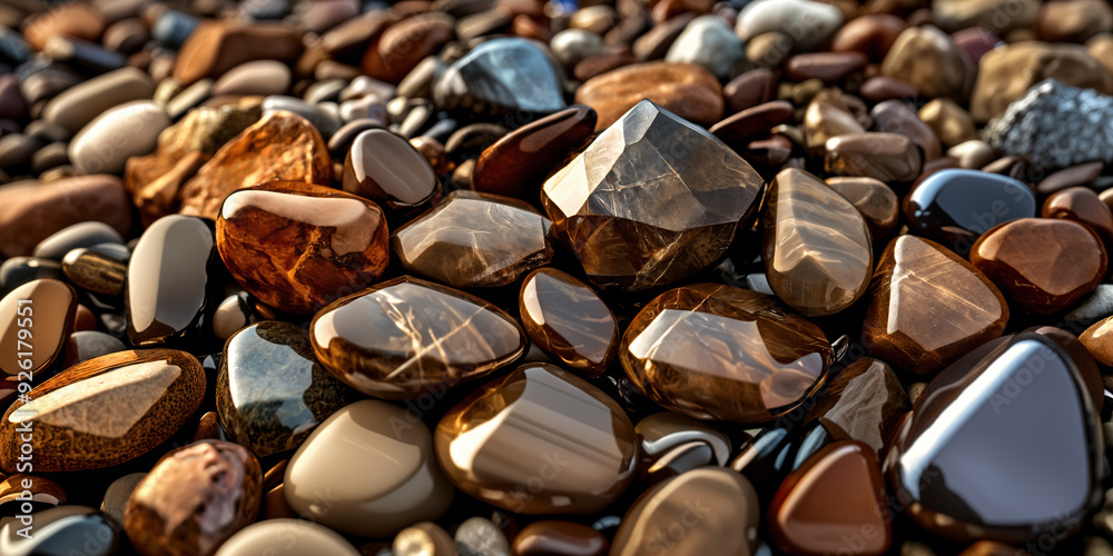 Fototapeta premium A close-up view of various types of rocks and pebbles, with a focus on the smooth, shiny surfaces of some of them.