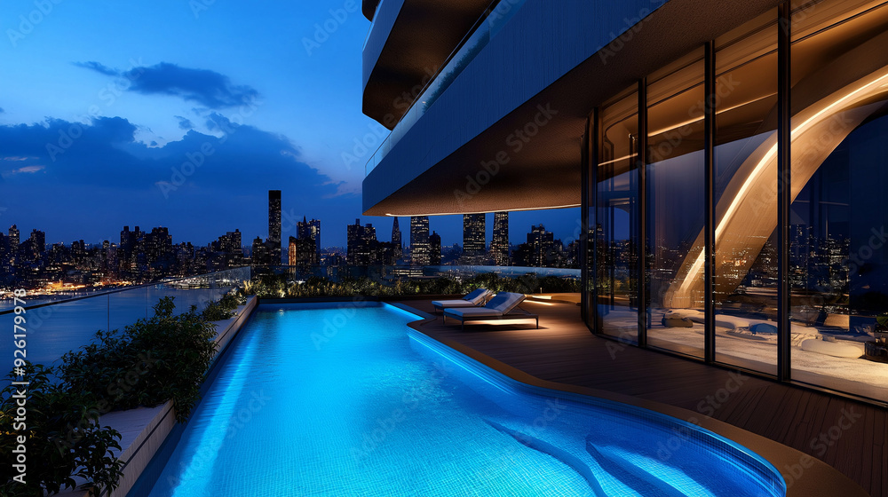 Obraz premium A hotel rooftop pool with panoramic city views