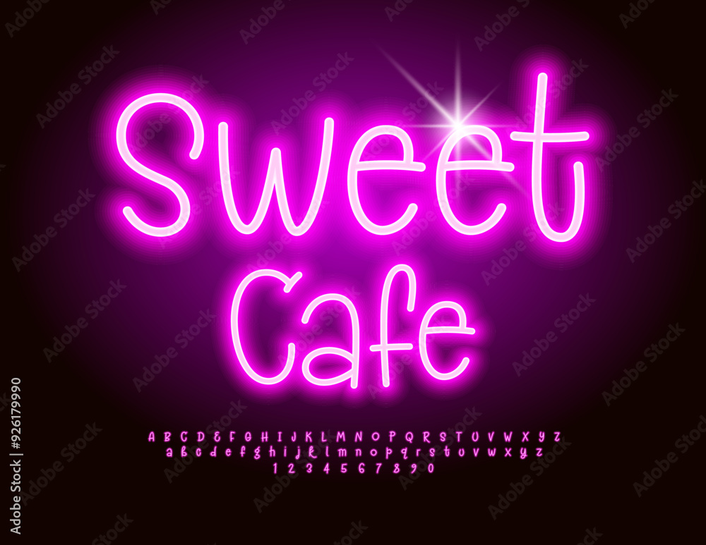 Fototapeta premium Vector neon banner Sweet Cafe. Glowing Pink Font. Bright Playful Alphabet Letters and Numbers set.