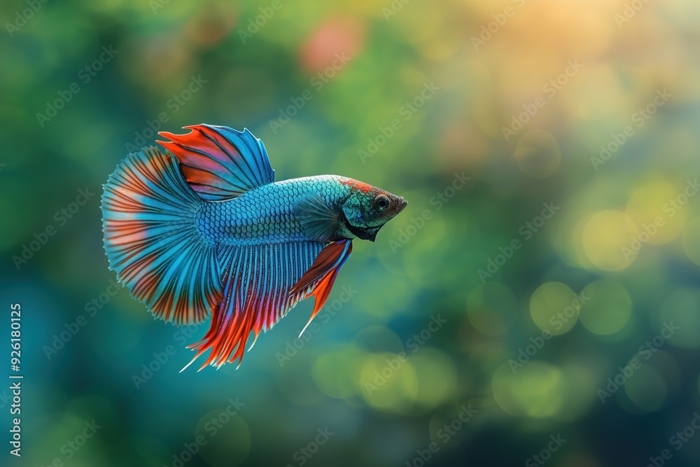 Colorful Siamese fighting fish with flowing fins against a blurred green and yellow background. Colorful Siamese fighting fish with flowing fins against a blurred green and yellow background.