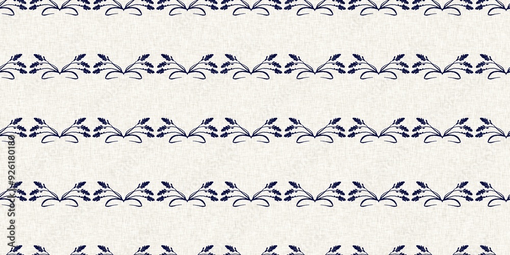Indigo denim blue leaf motif seamless border. Japanese dye batik fabric style effect print edging swatch. Indigo denim blue leaf motif seamless border. Japanese dye batik fabric style effect print edging swatch.
