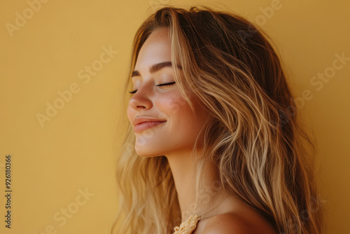 A close up of a woman's face with her eyes closed and long blond hair