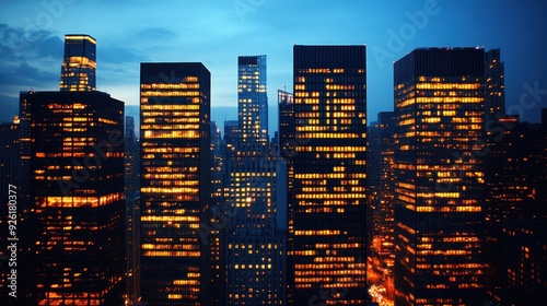 Nighttime city skyline viewed through large windows, with buildings glowing in warm tones against a deep blue sky.