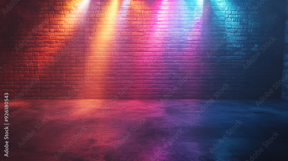 An unoccupied scene featuring a vacant brick wall, concrete floor, and a spotlight with multicolored neon rays and bokeh effects. An unoccupied scene featuring a vacant brick wall, concrete floor, and a spotlight with multicolored neon rays and bokeh effects.