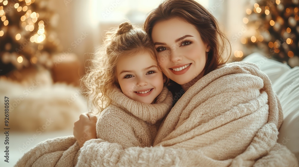 Smiling mother and daughter cuddling together on a couch, highlighting a close and joyful family bond in a cozy home setting. Smiling mother and daughter cuddling together on a couch, highlighting a close and joyful family bond in a cozy home setting.
