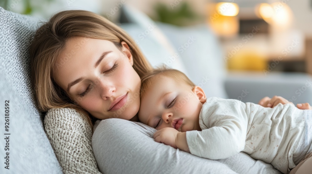 Mother and toddler peacefully asleep together on a couch, wrapped in cozy blankets, reflecting a tender and restful family moment. Mother and toddler peacefully asleep together on a couch, wrapped in cozy blankets, reflecting a tender and restful family moment.