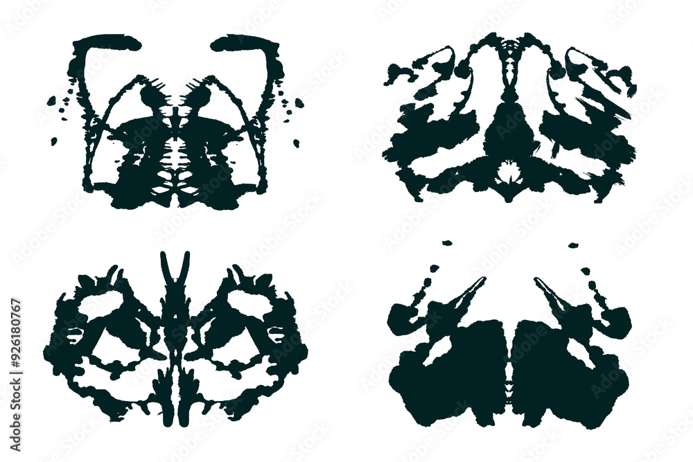 Obraz premium Rorschach black abstract splash. Ink symmetrical hand brushed design. Geometrical silhouette for psychological test.