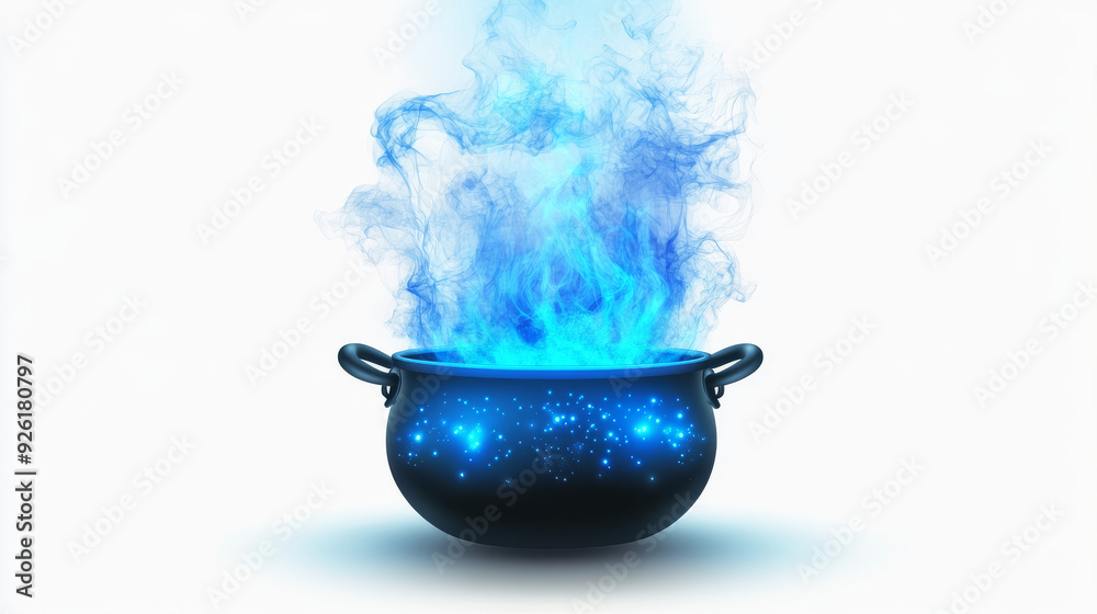 A fairy-tale cauldron bubbling with a witch's magic potion over a blazing bonfire, emitting blue steam. Set against a transparent white background. EPS10 vector illustration. A fairy-tale cauldron bubbling with a witch's magic potion over a blazing bonfire, emitting blue steam. Set against a transparent white background. EPS10 vector illustration.