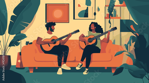 vector illustration, multiracial couple sitting in the sofa, playing guitar and singing. Relaxing hobby for multiracial couple. Man and woman sitting in living room on sofa making music. stress relief