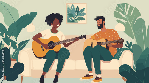 vector illustration, multiracial couple sitting in the sofa, playing guitar and singing. Relaxing hobby for multiracial couple. Man and woman sitting in living room on sofa making music. stress relief