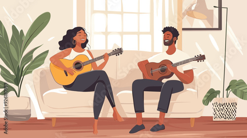 vector illustration, multiracial couple sitting in the sofa, playing guitar and singing. Relaxing hobby for multiracial couple. Man and woman sitting in living room on sofa making music. stress relief