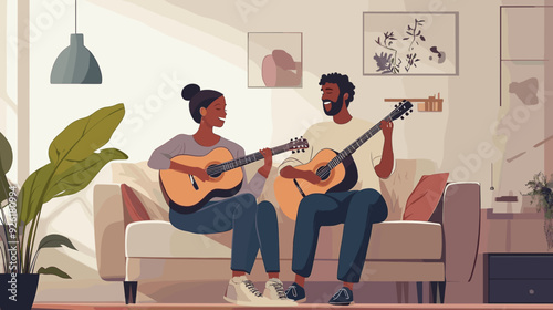 vector illustration, multiracial couple sitting in the sofa, playing guitar and singing. Relaxing hobby for multiracial couple. Man and woman sitting in living room on sofa making music. stress relief