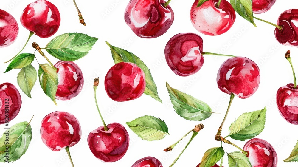 Watercolor cherries seamless pattern on white background. Fresh and fruity design concept. Watercolor cherries seamless pattern on white background. Fresh and fruity design concept.
