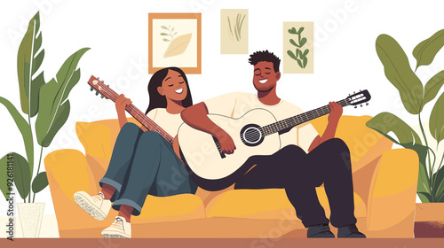 vector illustration, multiracial couple sitting in the sofa, playing guitar and singing. Relaxing hobby for multiracial couple. Man and woman sitting in living room on sofa making music. stress relief