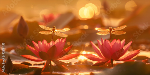 Generative AI Panoramic of blooming Lotus flower on Green blurred backgroundColorful water lily o photo