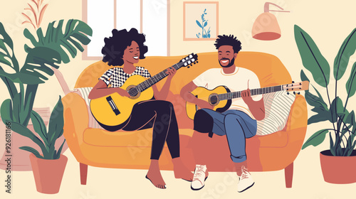 vector illustration, multiracial couple sitting in the sofa, playing guitar and singing. Relaxing hobby for multiracial couple. Man and woman sitting in living room on sofa making music. stress relief