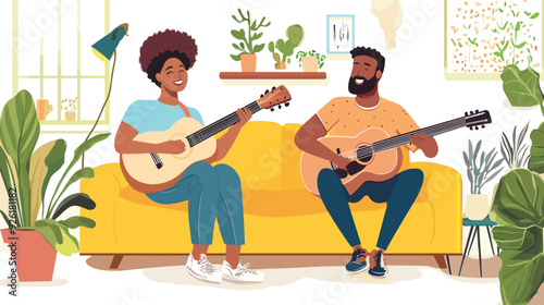 vector illustration, multiracial couple sitting in the sofa, playing guitar and singing. Relaxing hobby for multiracial couple. Man and woman sitting in living room on sofa making music. stress relief