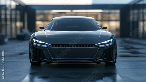Front of a modern black compact car Front view of a generic and brand less modern car Black car front-side isolated with clipping path over white background, Generative AI