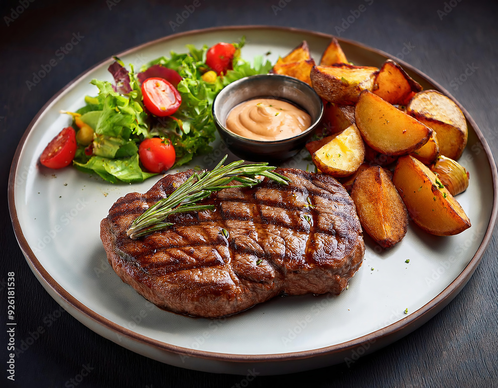 Grilled beefsteak with baked potatoes and salad on a plate Grilled beefsteak with baked potatoes and salad on a plate