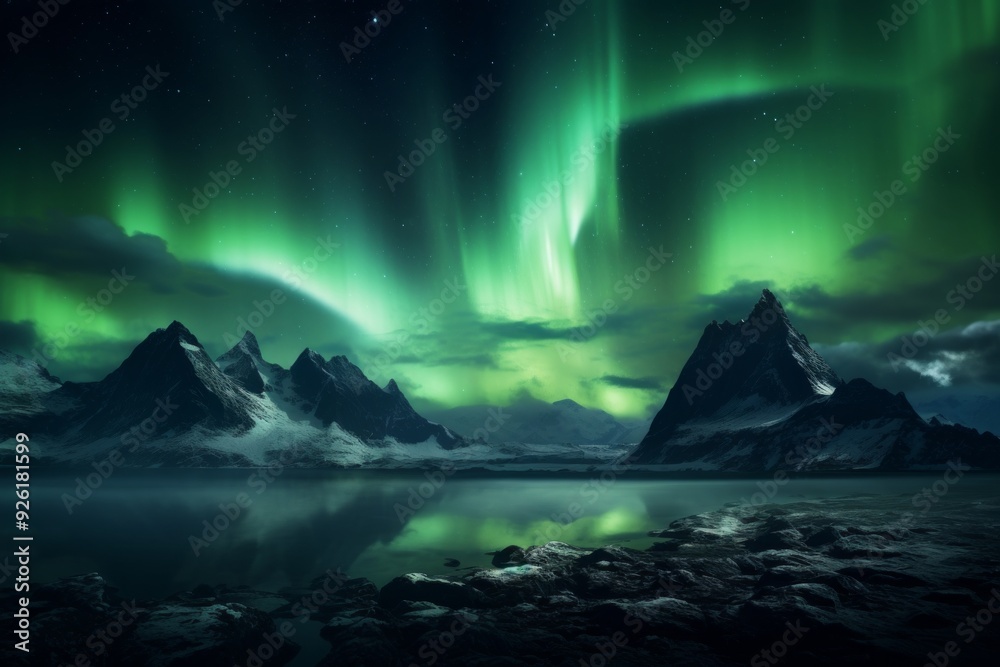 Naklejka premium Ethereal Fury Photobashed Aurora in a Nightmarish Landscape