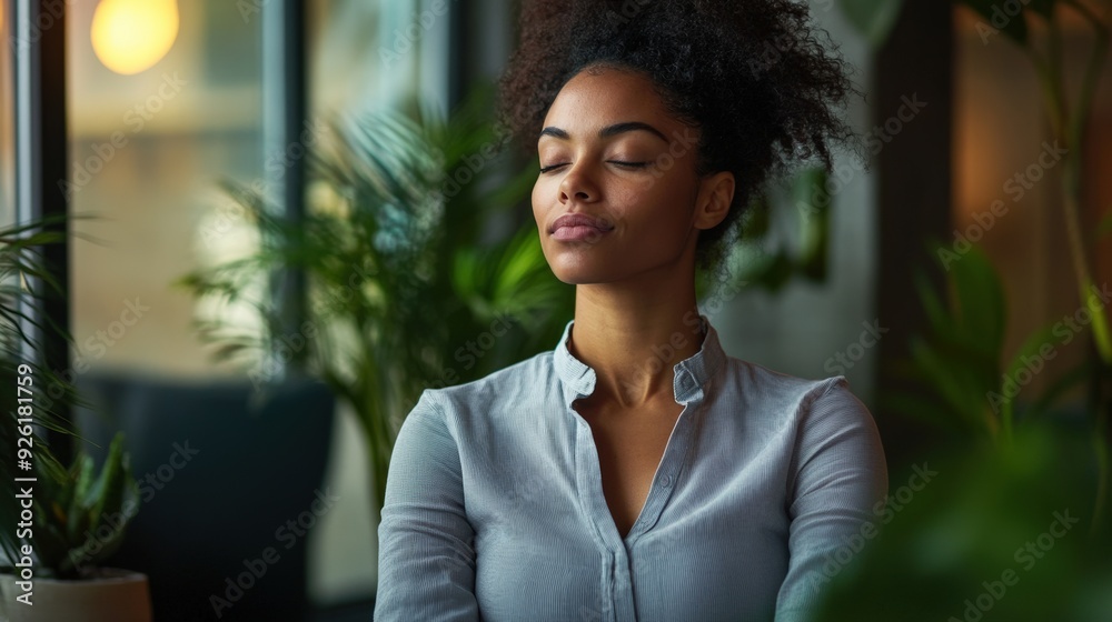 Businesswoman practicing mindfulness in the office to manage stress, sitting with eyes closed, arms crossed, while surrounded by greenery. Businesswoman practicing mindfulness in the office to manage stress, sitting with eyes closed, arms crossed, while surrounded by greenery.