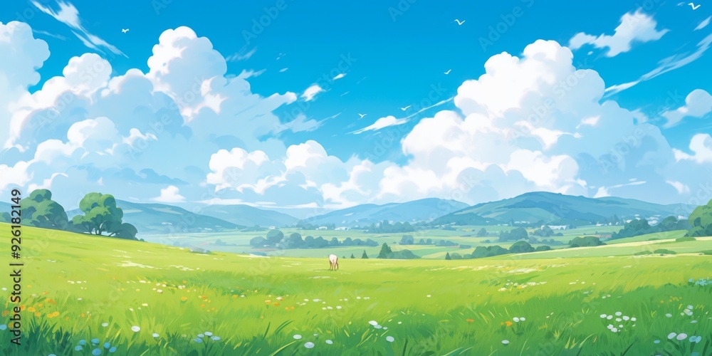 Fototapeta premium Enchanting Anime-Style Summer Meadows Delight: Idyllic Mountain Landscape with Lush Green Grass, Blue Skies, and Fluffy Clouds in a Flat Design Cartoon Illustration, storybook illustrations