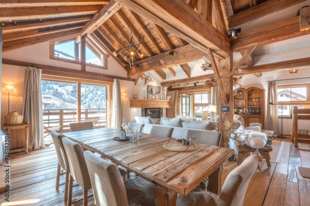 Fototapeta premium Rustic Wooden Dining Room Interior with Mountain View.