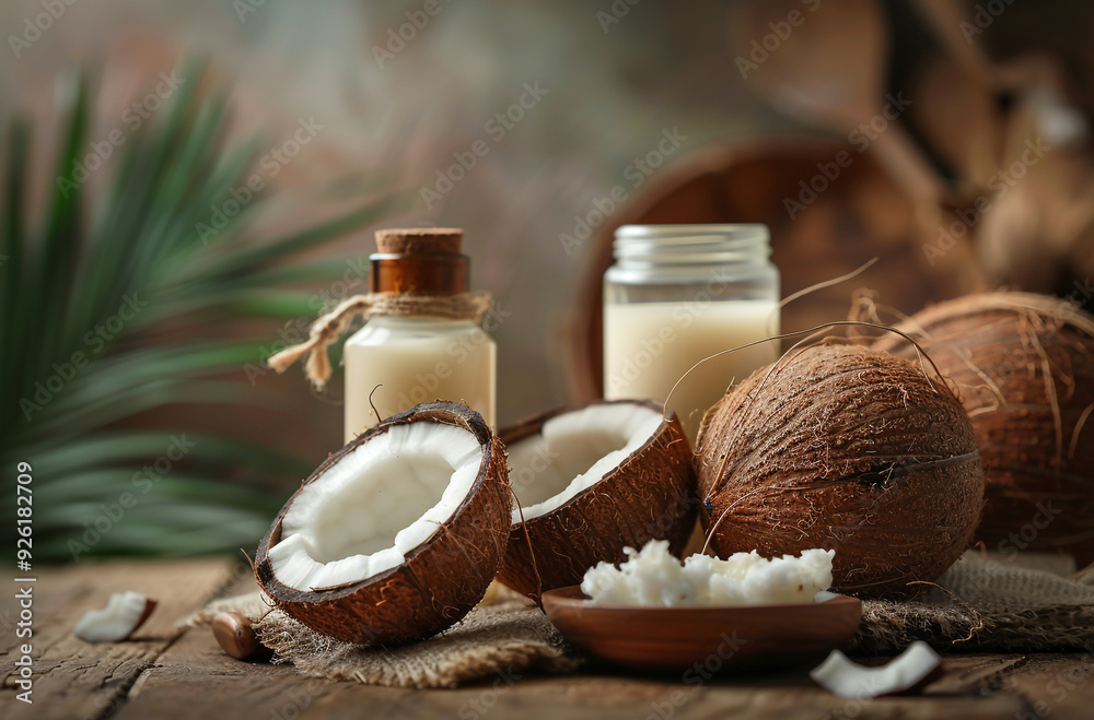 Coconut oil in bottle and coconut on wooden background Coconut oil in bottle and coconut on wooden background